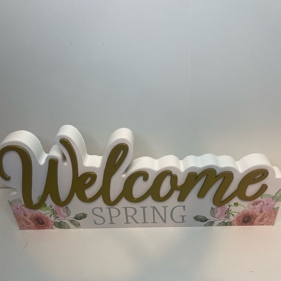 Gold and Pink Floral Spring Welcome Sign, Tabletop Decor, Shelf Decor - Picture 3 of 3